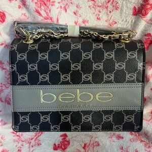 Bebe crossbody black with gray accents and gold chain strap